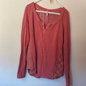 Free People Coral Crochet Long Sleeve Top